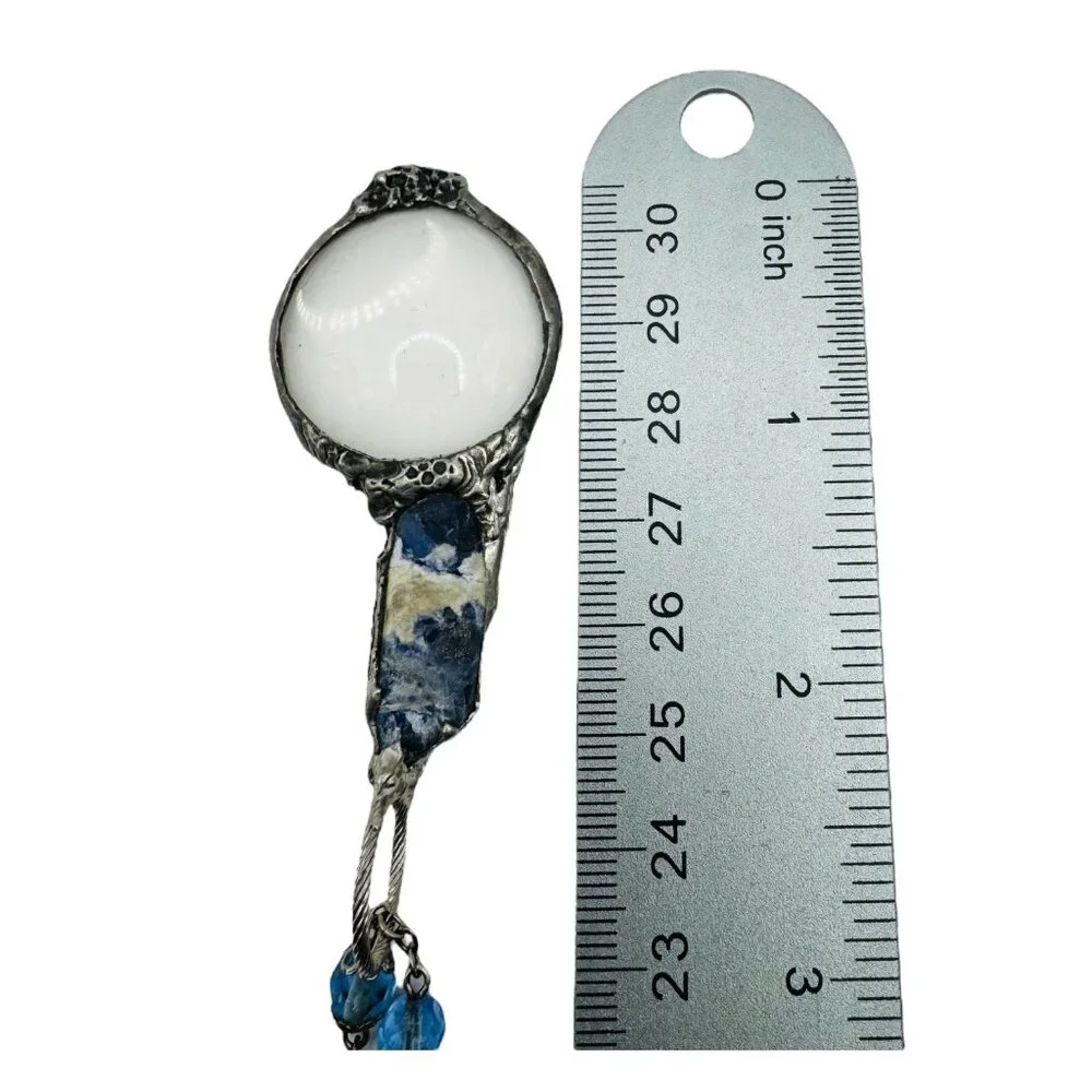 Natural Blue Opal & Magnifying Glass Silver Blend  Glass Beaded Artisan Necklace - Picture 9 of 12